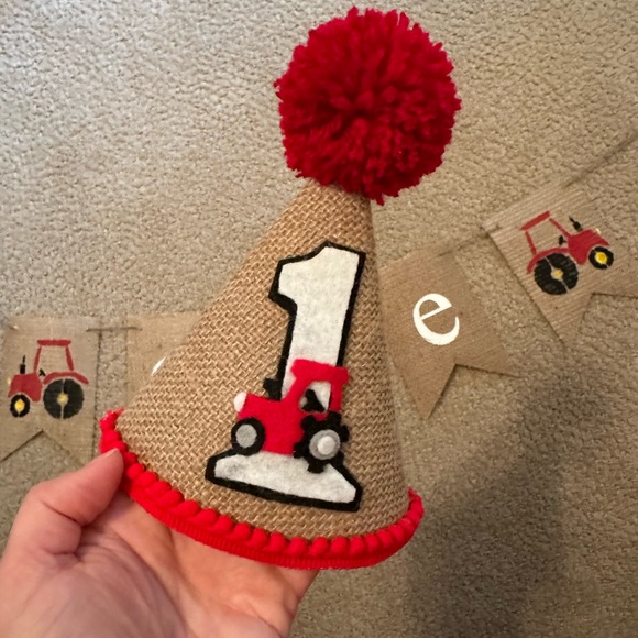 1st Birthday Red Tractor Party Hat and Banner Bundle - Picture 3 of 3
